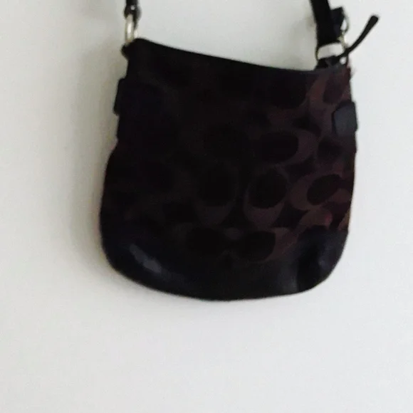Coach Black Leather Dark Brown Canvas Signature Crossbody Bag Purse - Picture 4 of 15
